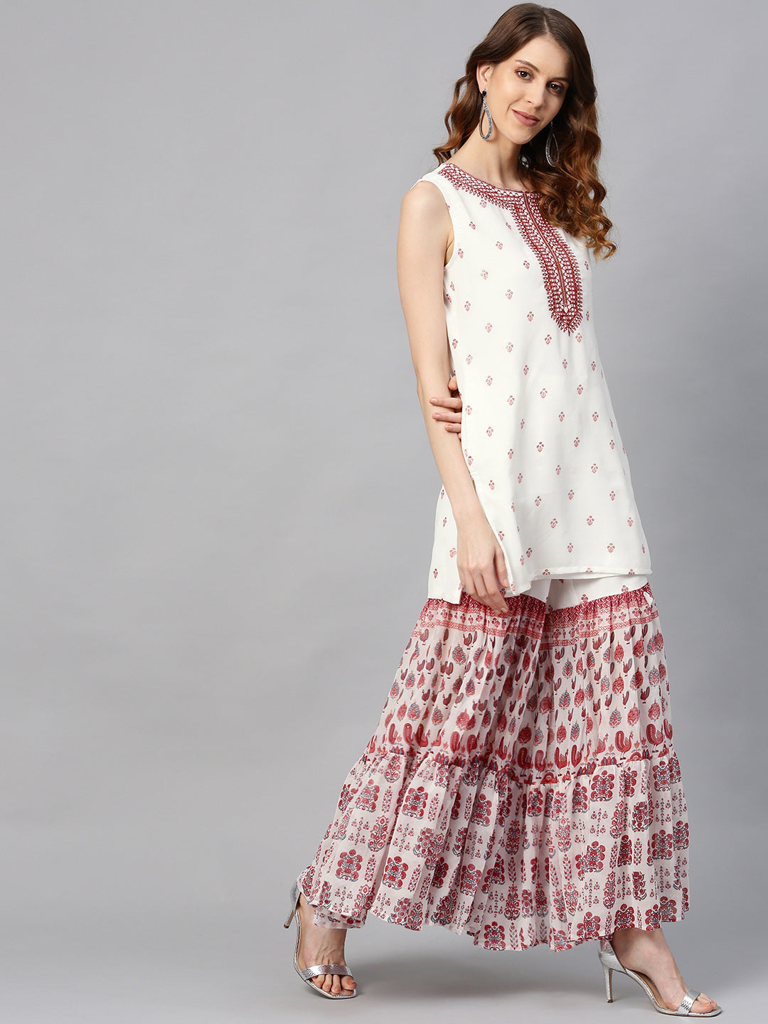 Juniper Womens Maroon Embroidered And Printed Kurta Sharara Dupatta Set | Grocsy