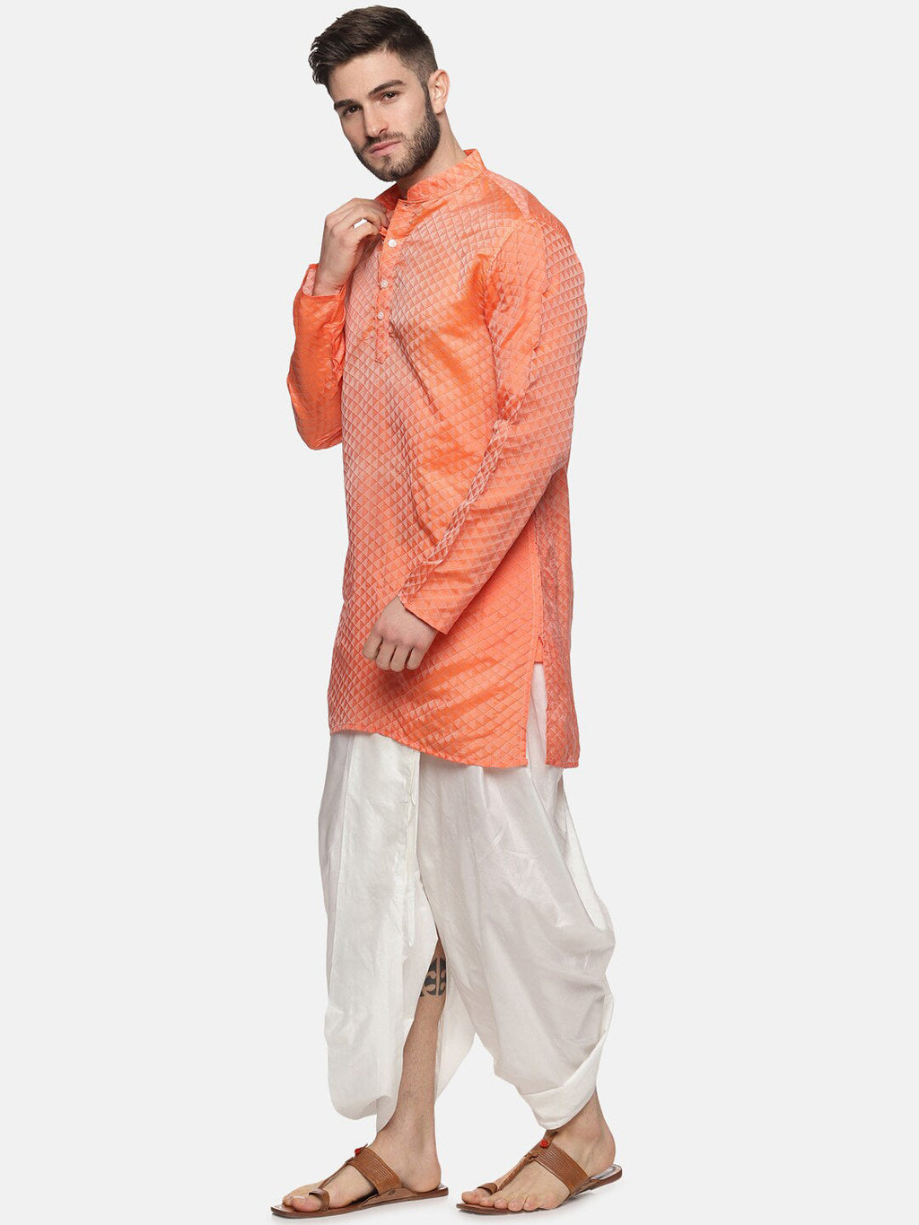Sethukrishna Mens Orange Kurta with Dhoti Pants | Grocsy