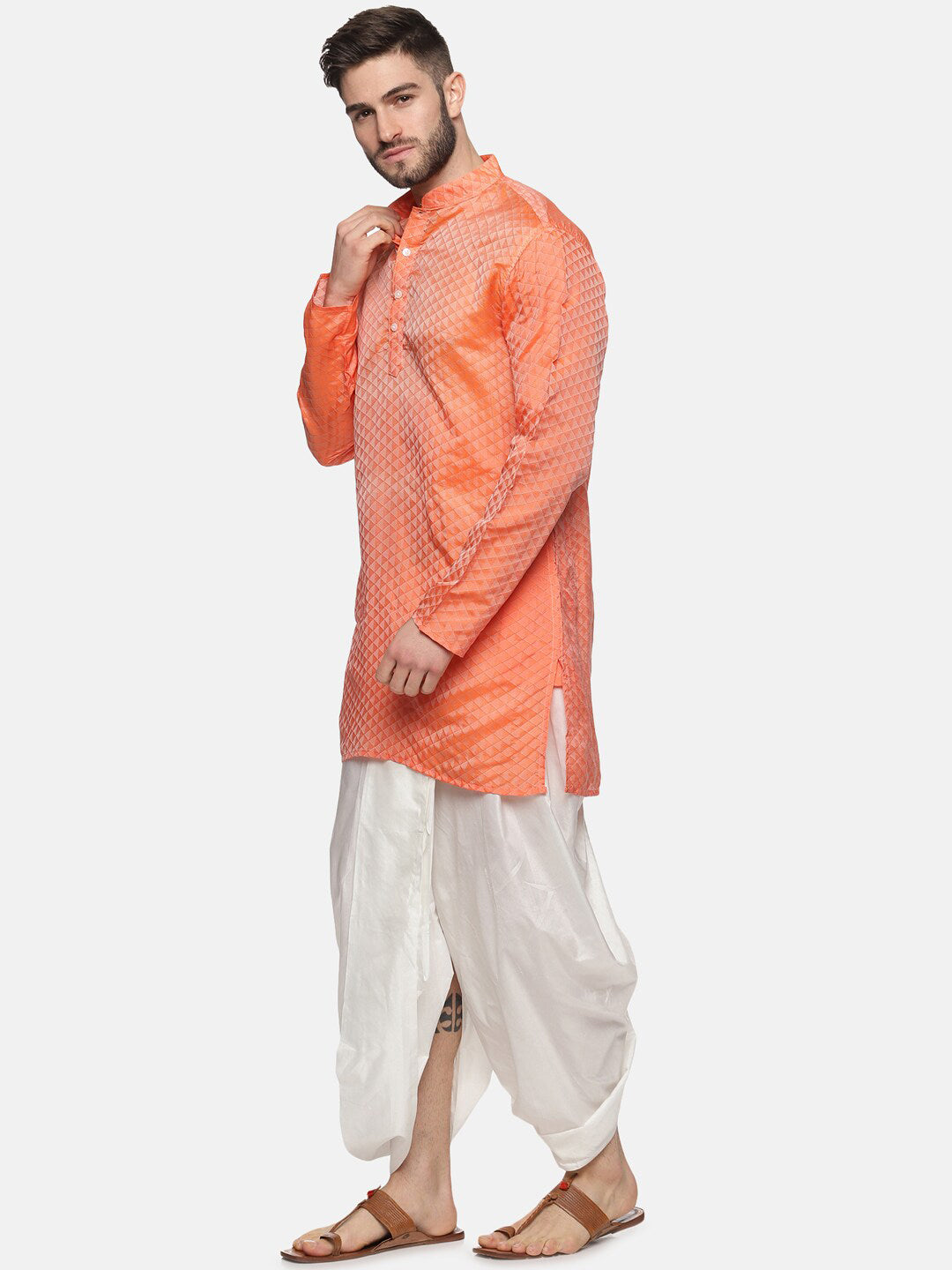 Sethukrishna Mens Orange Kurta with Dhoti Pants | Grocsy