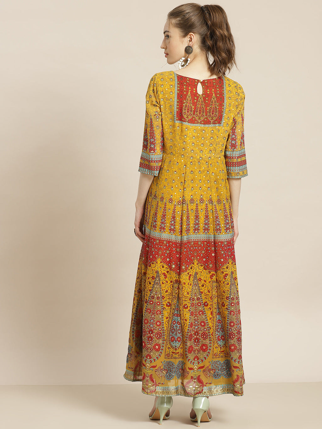Juniper Women Mustard Georgette Printed Anarkali Dress | Grocsy