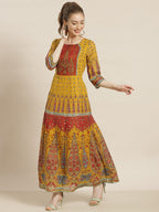 Juniper Women Mustard Georgette Printed Anarkali Dress | Grocsy