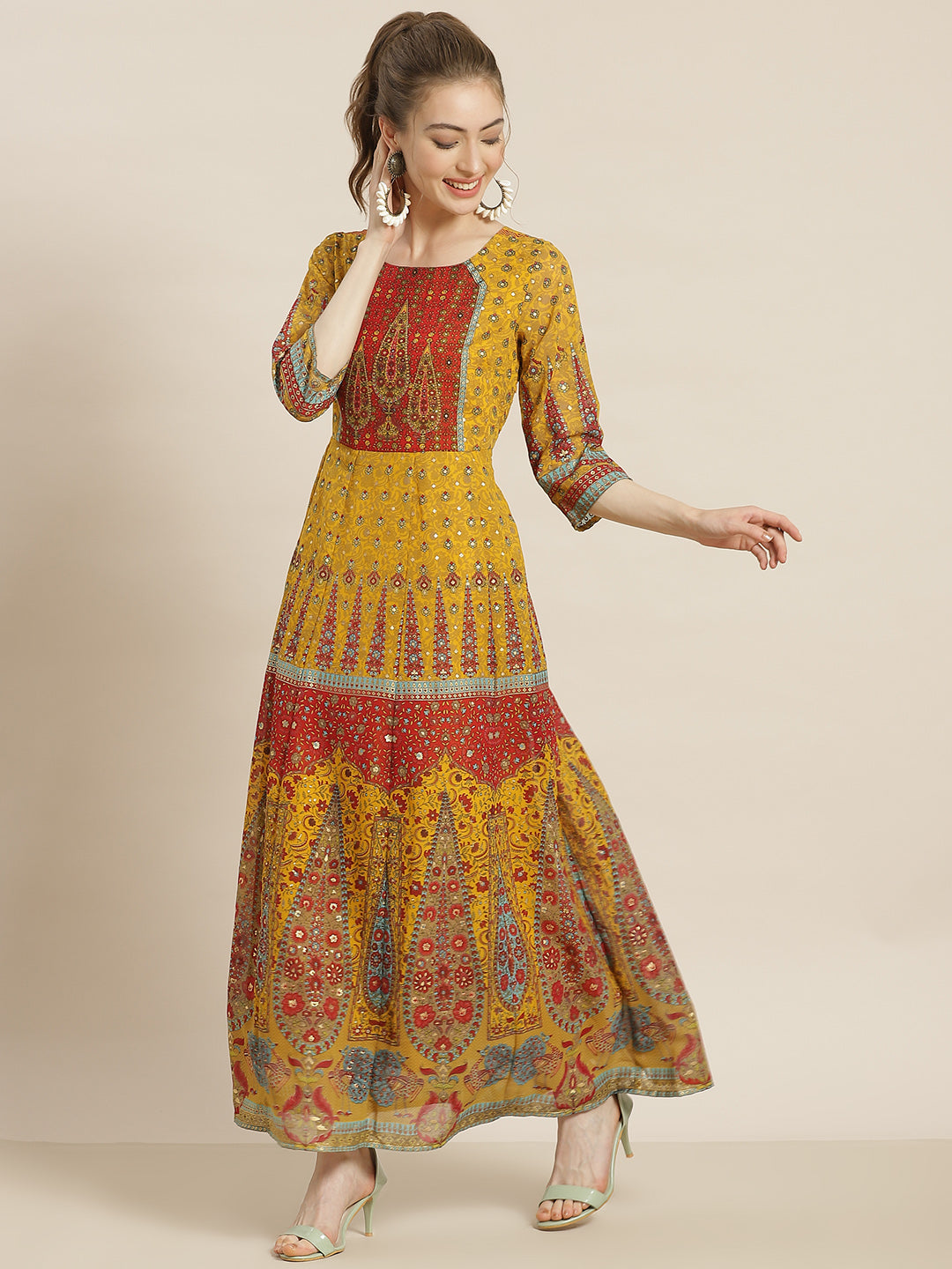 Juniper Women Mustard Georgette Printed Anarkali Dress | Grocsy