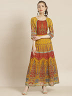 Juniper Women Mustard Georgette Printed Anarkali Dress | Grocsy