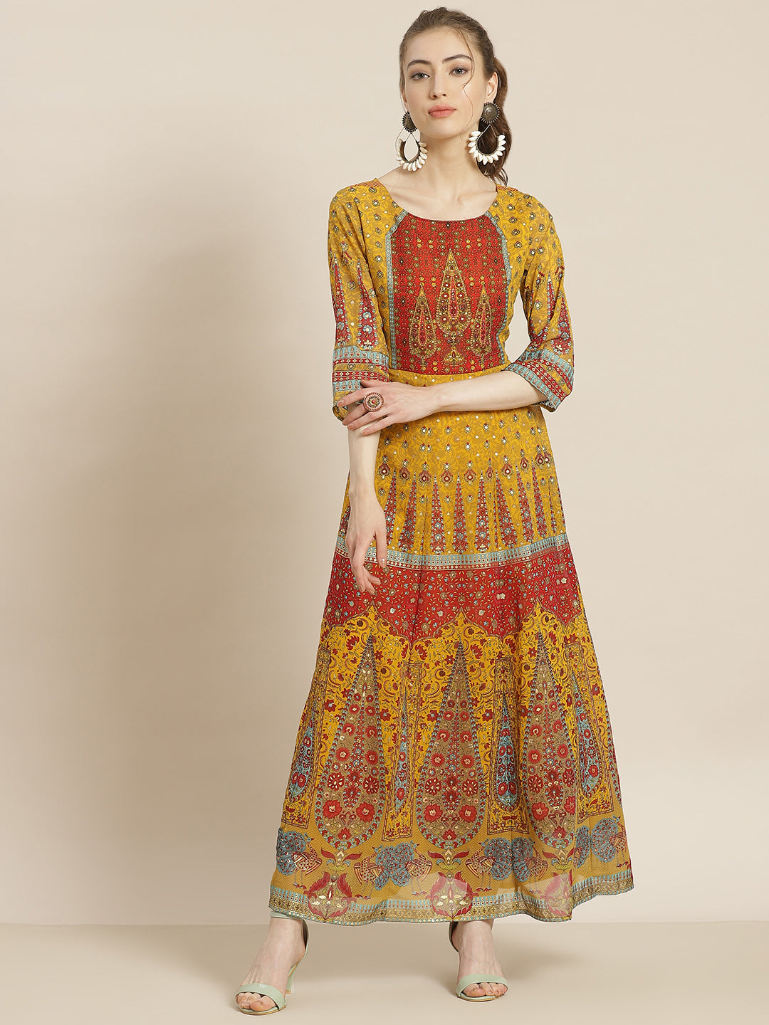 Juniper Women Mustard Georgette Printed Anarkali Dress | Grocsy