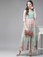 Juniper Womens Peach Georgette Foil Print Maxi Dress | Grocsy