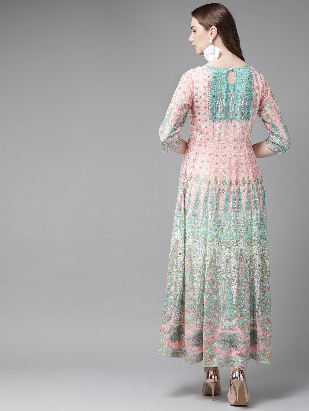 Juniper Womens Peach Georgette Foil Print Maxi Dress | Grocsy