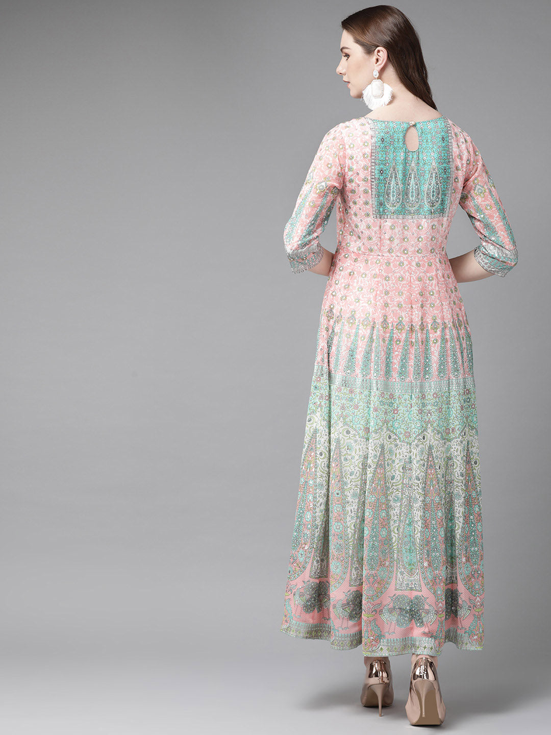 Juniper Womens Peach Georgette Foil Print Maxi Dress | Grocsy