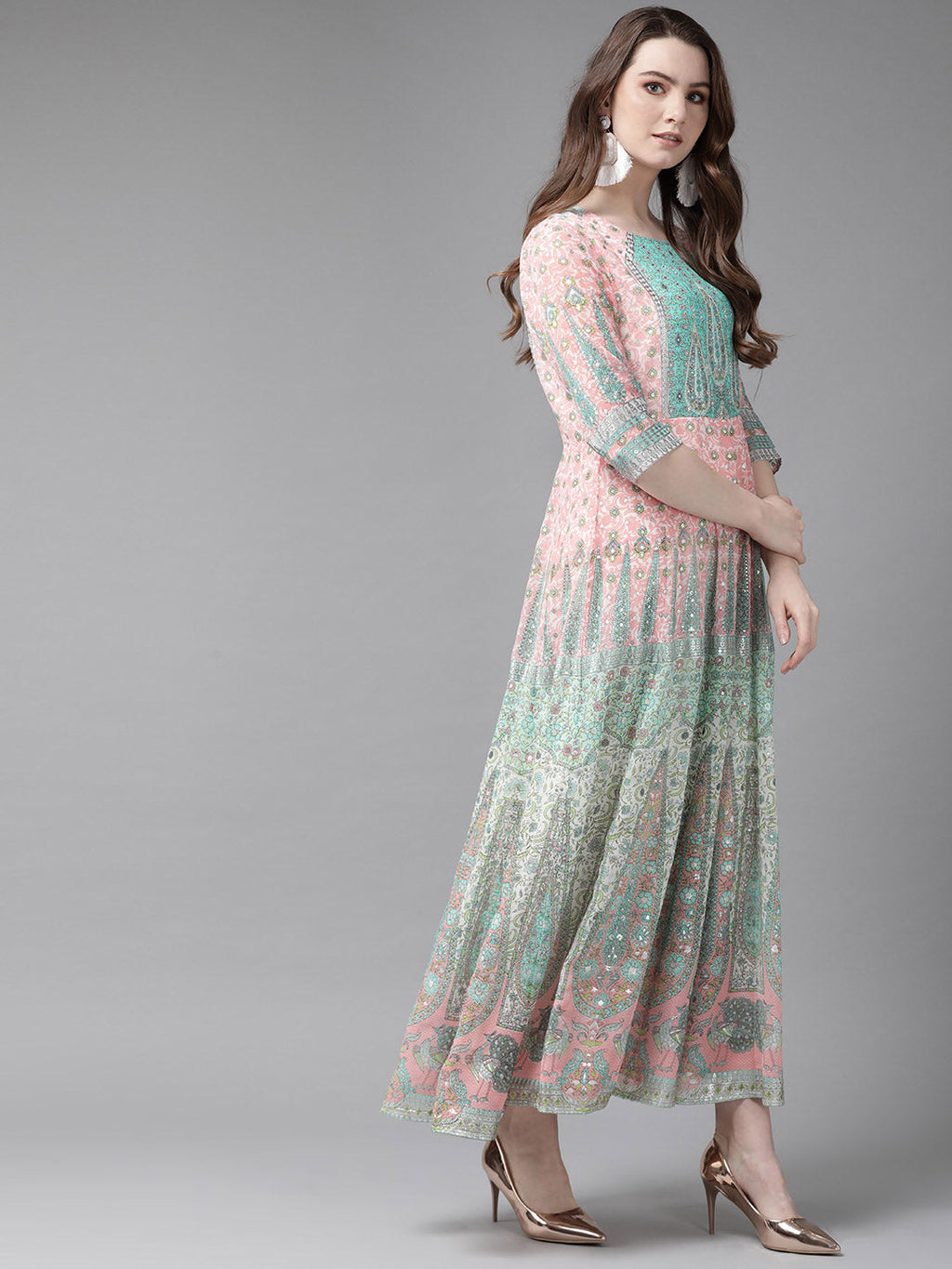 Juniper Womens Peach Georgette Foil Print Maxi Dress | Grocsy
