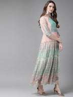 Juniper Womens Peach Georgette Foil Print Maxi Dress | Grocsy