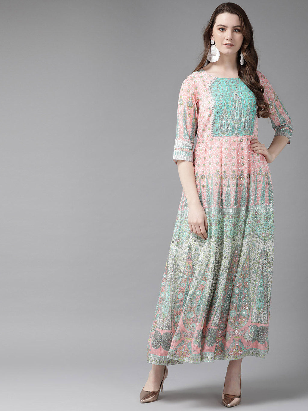 Juniper Womens Peach Georgette Foil Print Maxi Dress | Grocsy