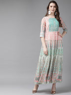 Juniper Womens Peach Georgette Foil Print Maxi Dress | Grocsy
