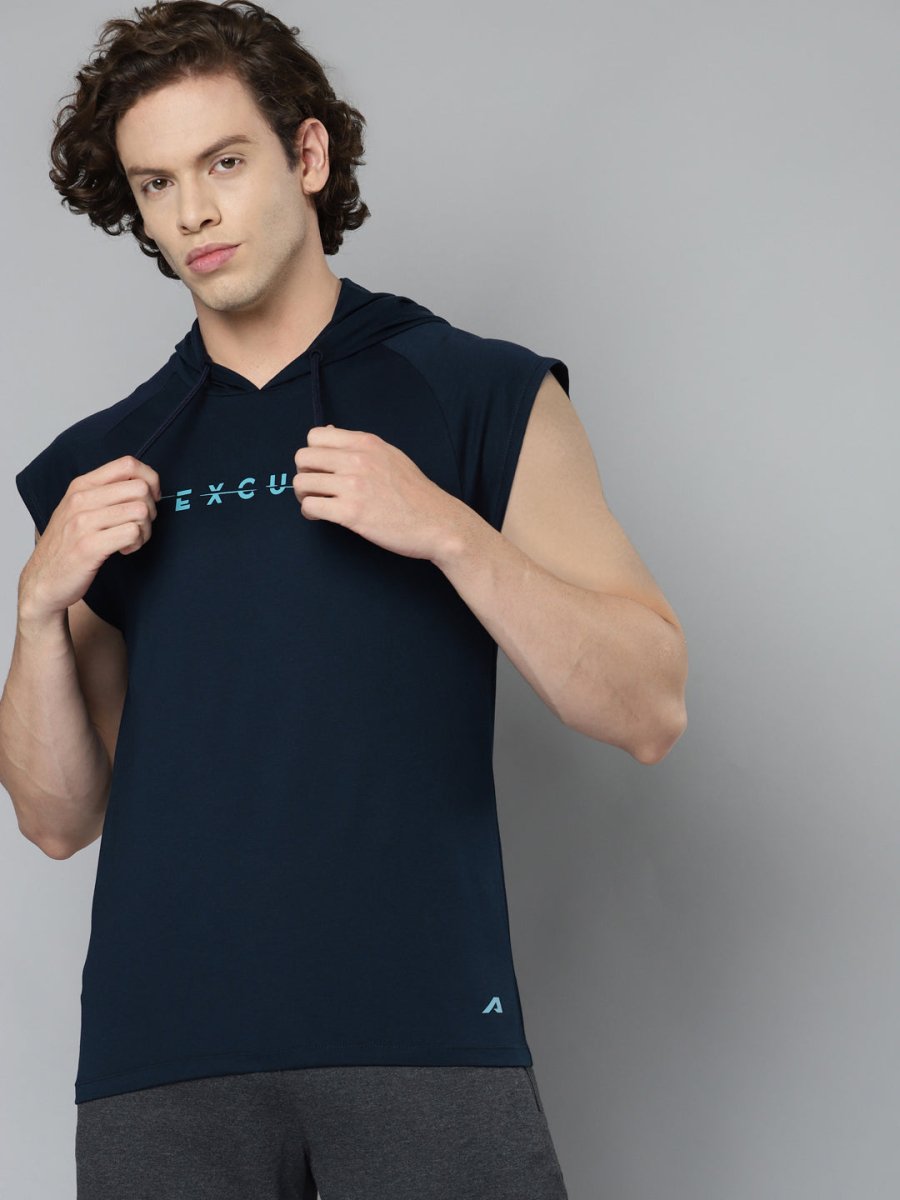 Alcis Men Navy Blue Typography Printed Slim Fit Running T-shirt | Grocsy