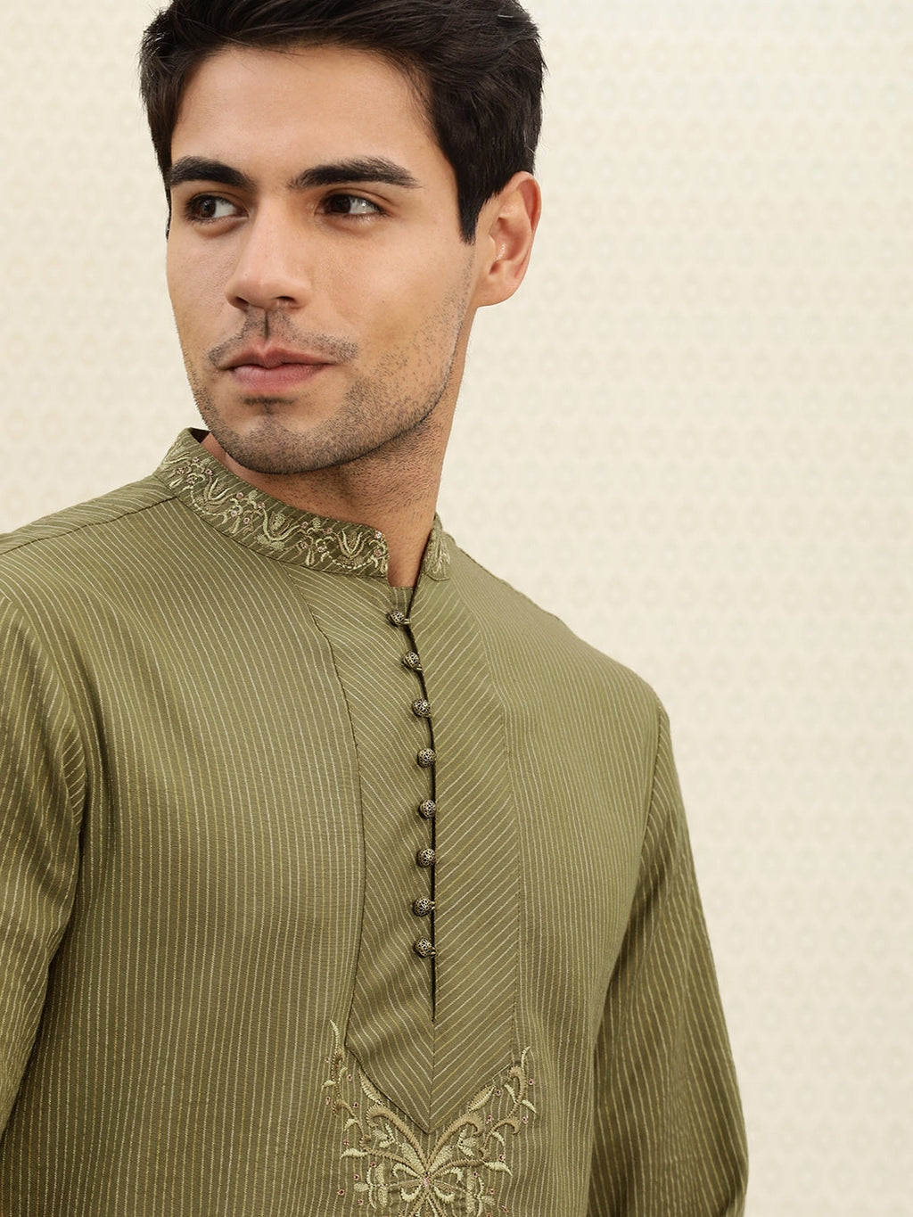 House of Pataudi Men Olive Green Striped Straight Kurta with Embroidered Detail | Grocsy