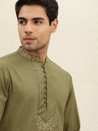 House of Pataudi Men Olive Green Striped Straight Kurta with Embroidered Detail | Grocsy