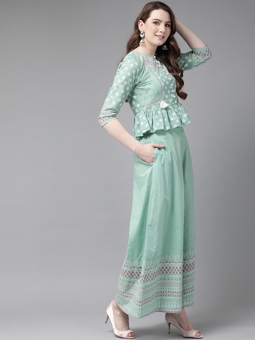 Juniper Womens Mint Floral Printed Cambric Clothing Set | Grocsy