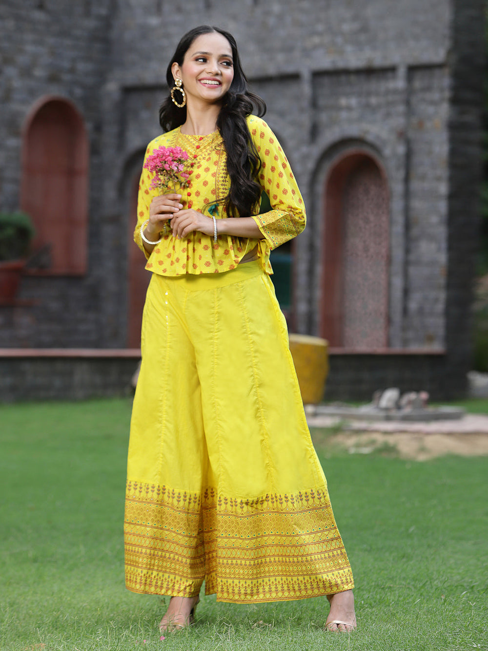 Juniper Women's Yellow Cambric Printed Peplum Clothing Set | Grocsy
