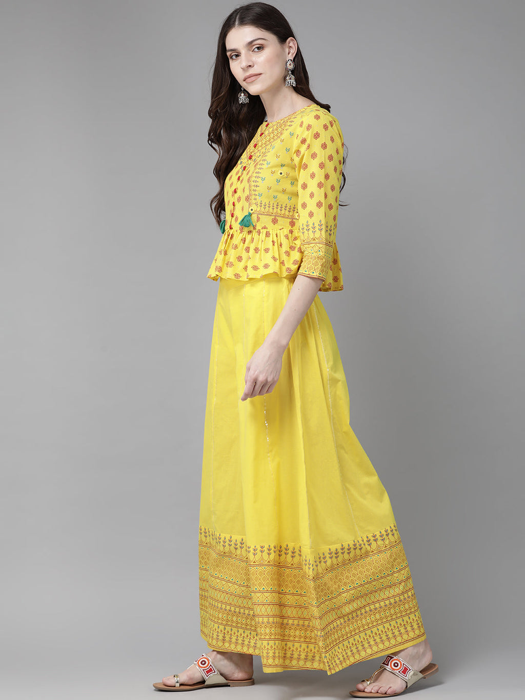 Juniper Women Yellow Cambric Printed Peplum Clothing Set | Grocsy