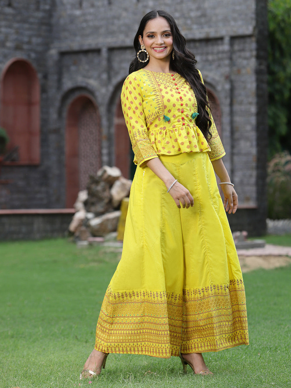 Juniper Women's Yellow Cambric Printed Peplum Clothing Set | Grocsy