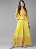 Juniper Women Yellow Cambric Printed Peplum Clothing Set | Grocsy