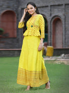 Juniper Women's Yellow Cambric Printed Peplum Clothing Set | Grocsy