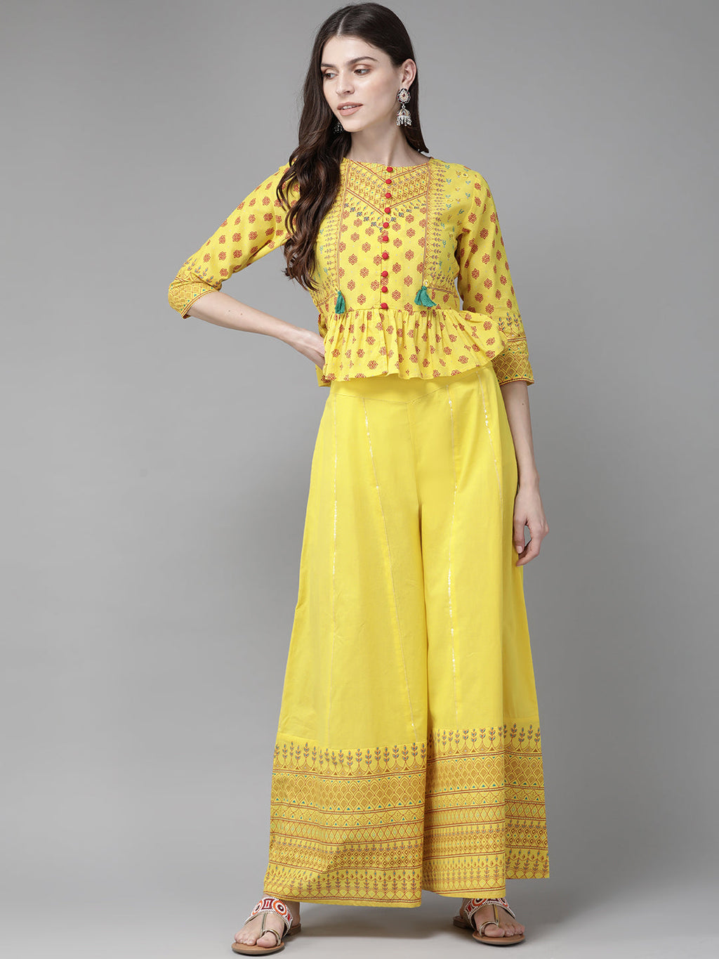 Juniper Women Yellow Cambric Printed Peplum Clothing Set | Grocsy