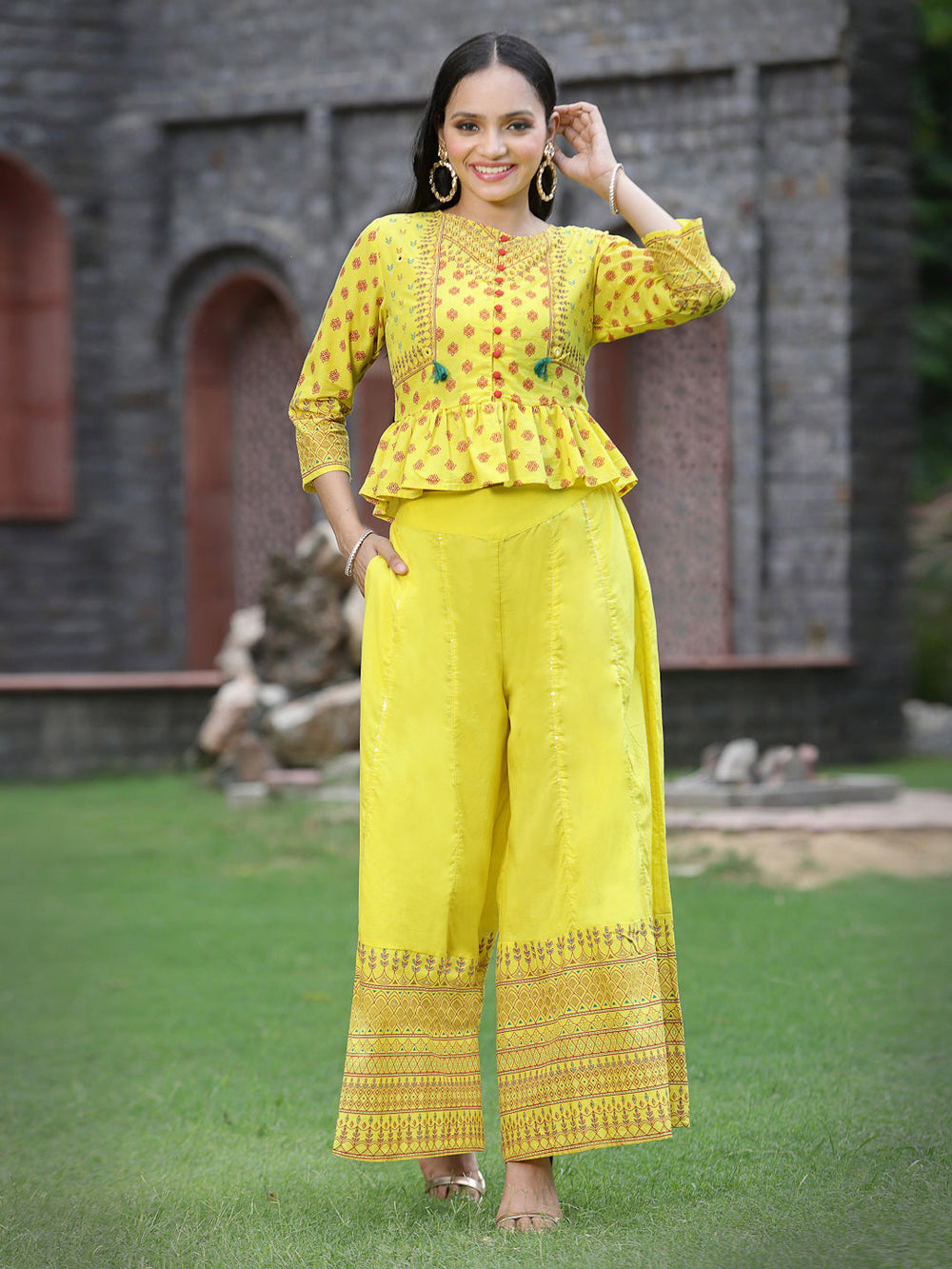 Juniper Women's Yellow Cambric Printed Peplum Clothing Set | Grocsy
