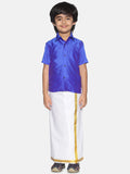 Sethukrishna Boys Blue & White Solid Shirt with Veshti Set | Grocsy