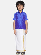 Sethukrishna Boys Blue & White Solid Shirt with Veshti Set | Grocsy