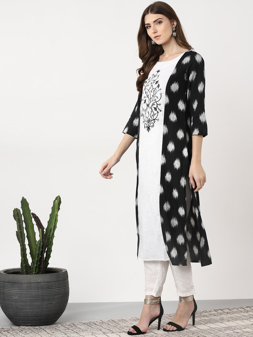Sangria Women Black & Off-White Woven Design Straight Kurta | Grocsy