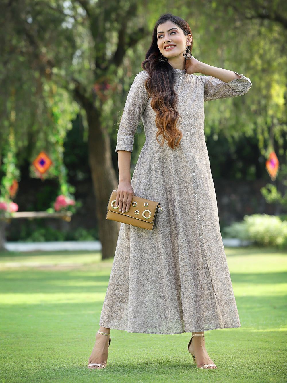 Juniper Women's Beige Chanderi Silk Printed Anarkali Kurta | Grocsy