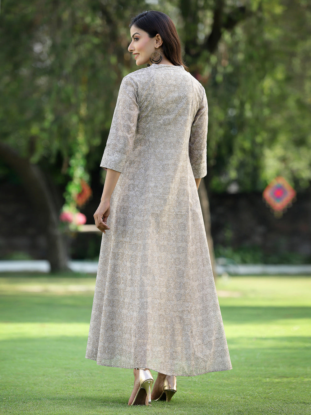 Juniper Women's Beige Chanderi Silk Printed Anarkali Kurta | Grocsy