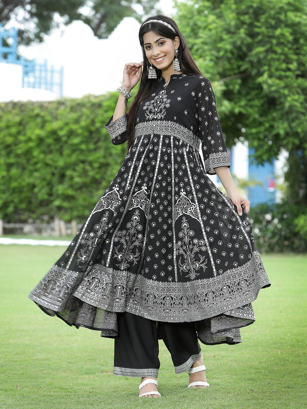 Juniper Womens Black Georgette Foil Printed Circular Kurta Dress With Solid Palazzo Set | Grocsy