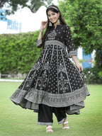 Juniper Womens Black Georgette Foil Printed Circular Kurta Dress With Solid Palazzo Set | Grocsy