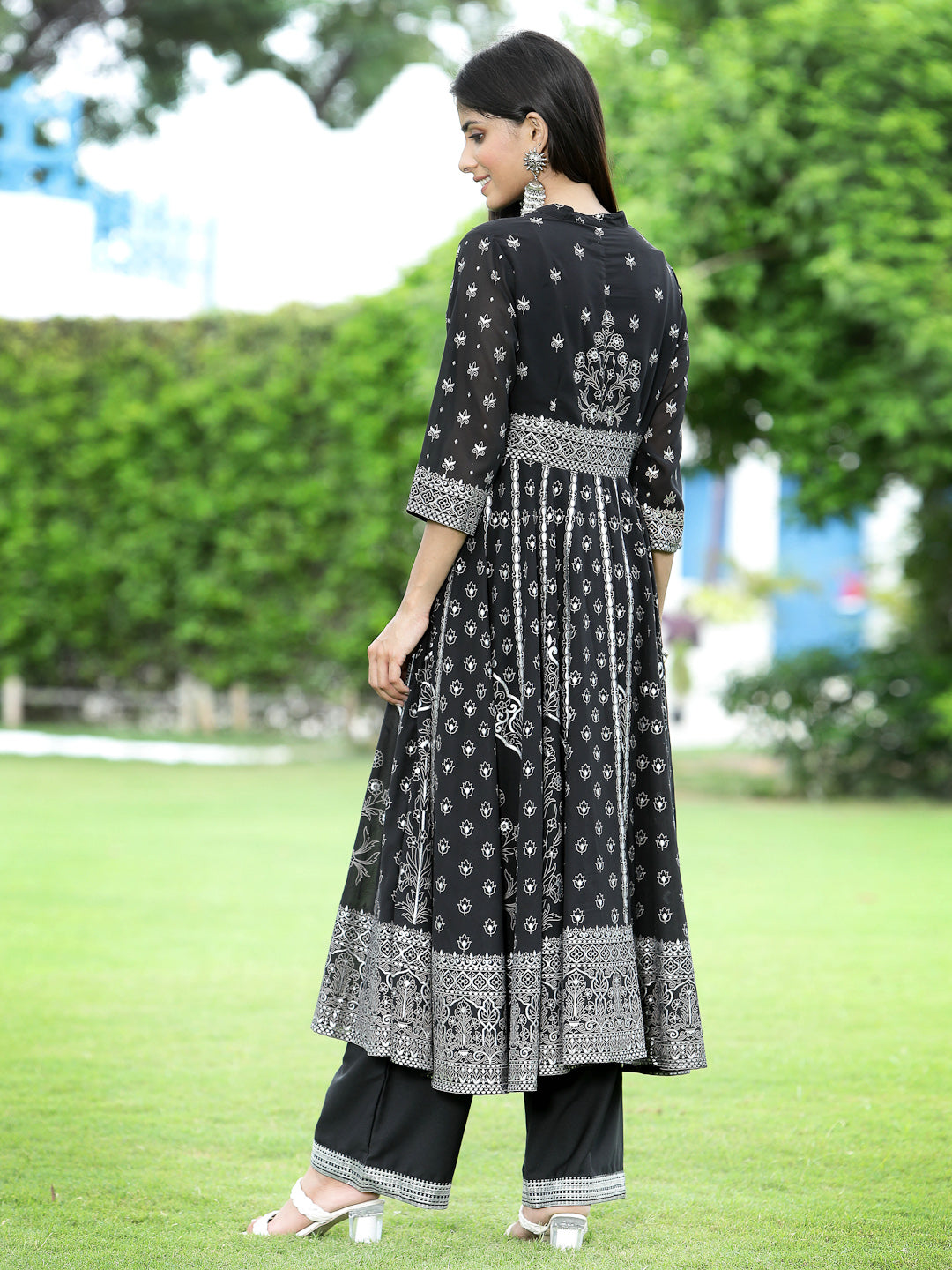 Juniper Womens Black Georgette Foil Printed Circular Kurta Dress With Solid Palazzo Set | Grocsy