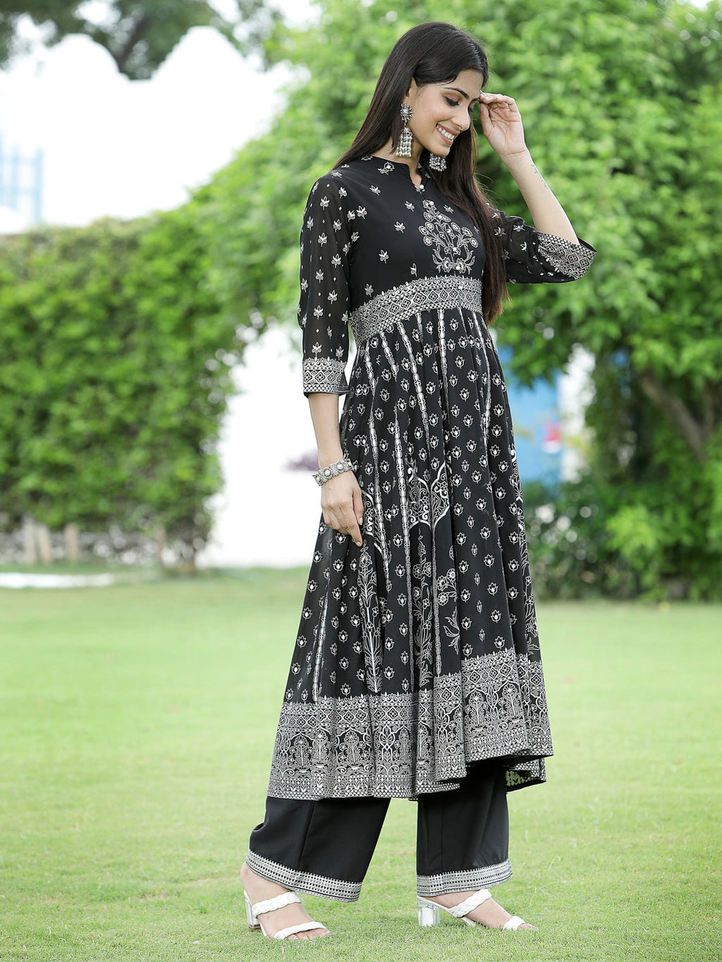 Juniper Womens Black Georgette Foil Printed Circular Kurta Dress With Solid Palazzo Set | Grocsy