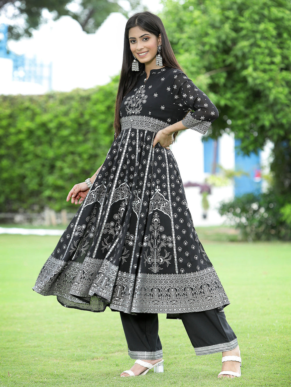 Juniper Women's Black Georgette Printed Anarkali Kurta Sets | Grocsy