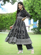Juniper Women's Black Georgette Printed Anarkali Kurta Sets | Grocsy