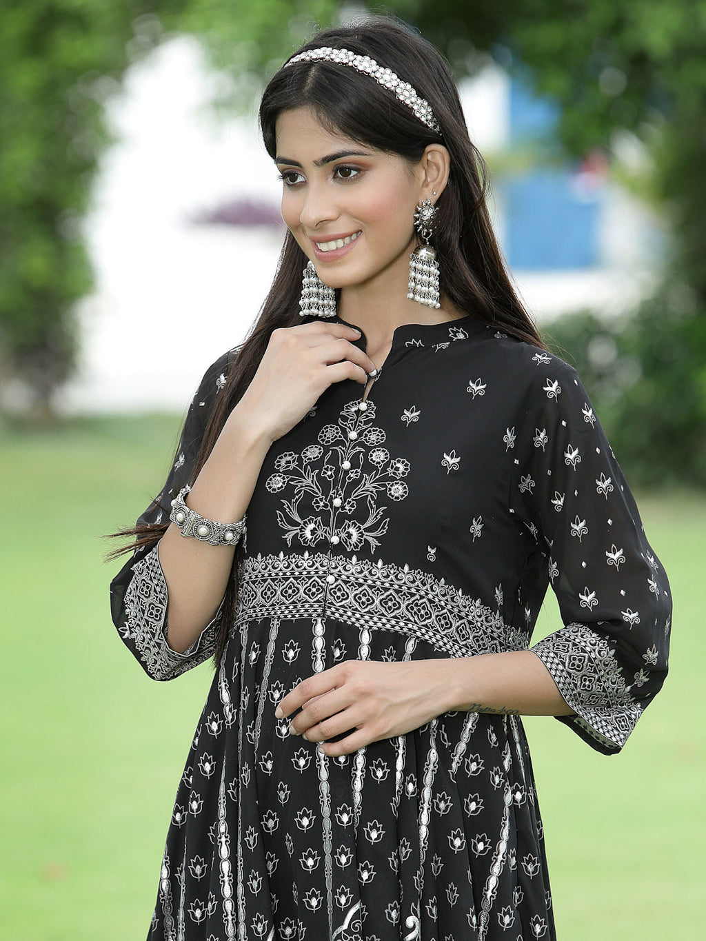 Juniper Womens Black Georgette Foil Printed Circular Kurta Dress With Solid Palazzo Set | Grocsy