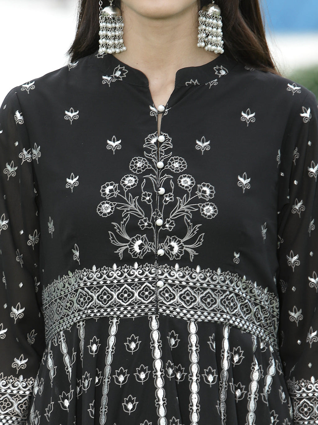 Juniper Womens Black Georgette Foil Printed Circular Kurta Dress With Solid Palazzo Set | Grocsy