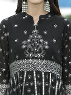 Juniper Womens Black Georgette Foil Printed Circular Kurta Dress With Solid Palazzo Set | Grocsy