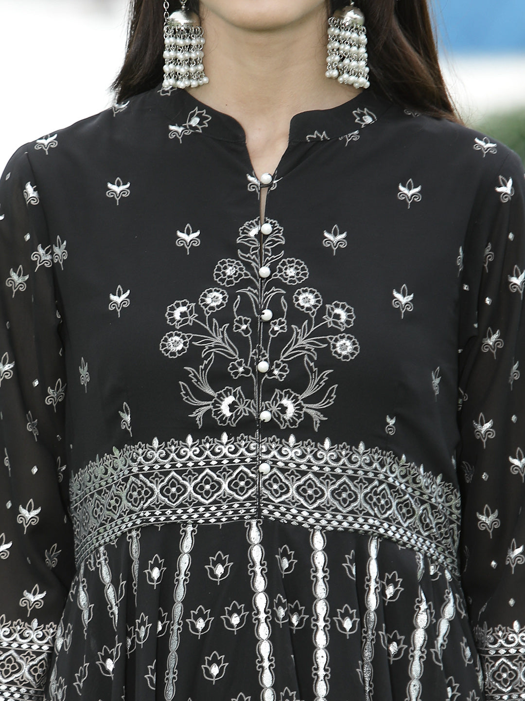 Juniper Womens Black Georgette Foil Printed Circular Kurta Dress With Solid Palazzo Set | Grocsy