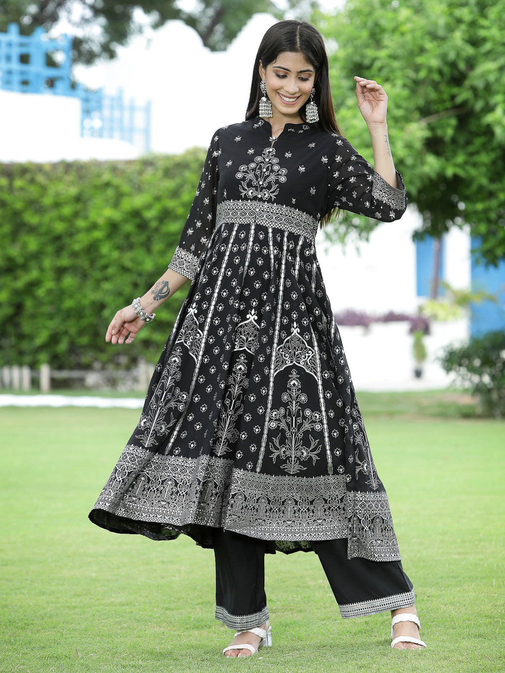 Juniper Womens Black Georgette Foil Printed Circular Kurta Dress With Solid Palazzo Set | Grocsy