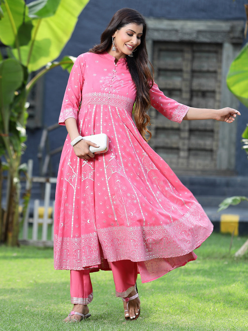 Juniper Womens Coral Georgette Foil Printed Circular Kurta Dress With Solid Palazzo Set | Grocsy