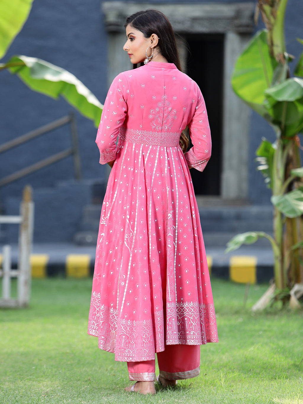 Juniper Womens Coral Georgette Foil Printed Circular Kurta Dress With Solid Palazzo Set | Grocsy
