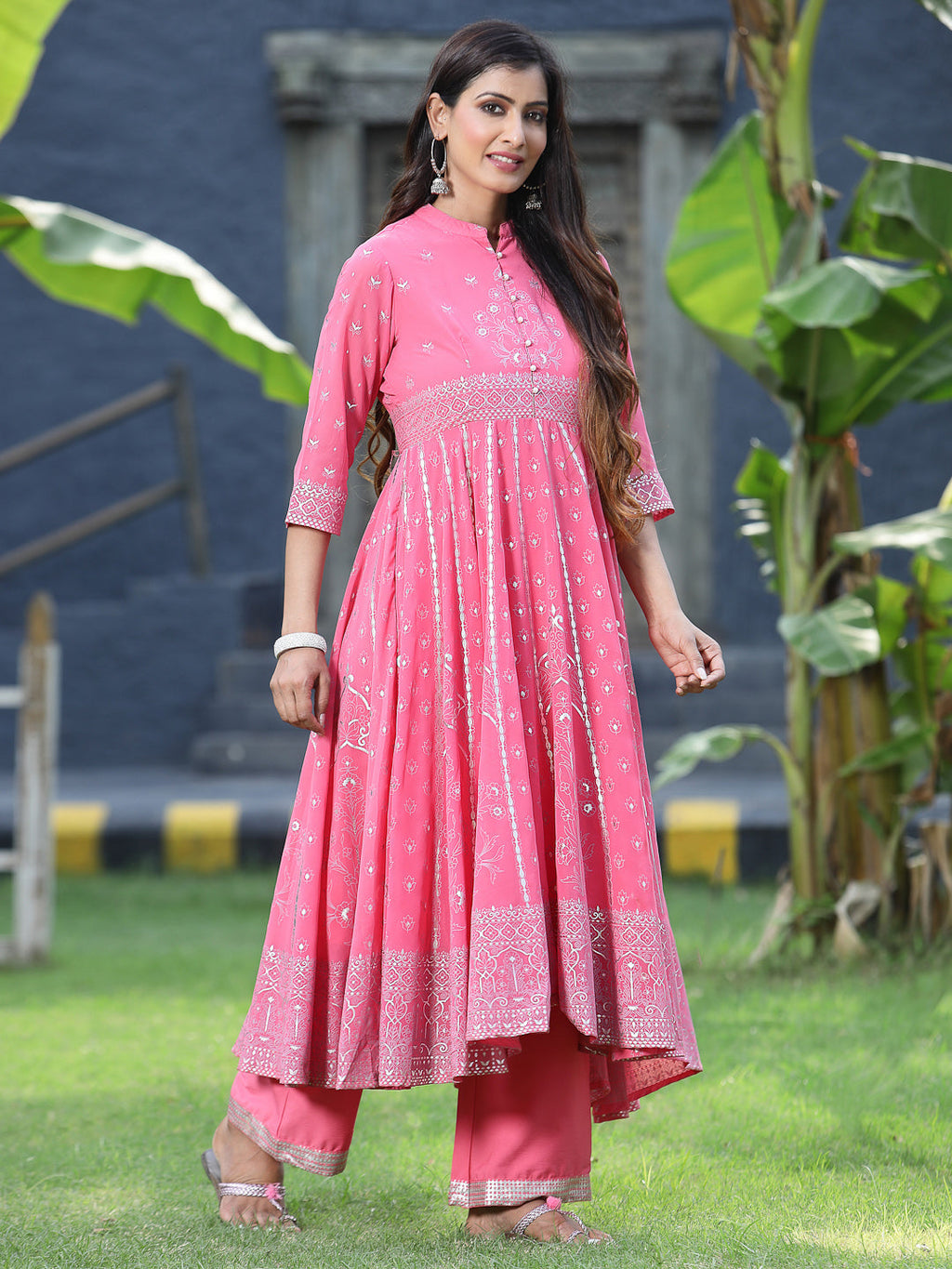 Juniper Womens Coral Georgette Foil Printed Circular Kurta Dress With Solid Palazzo Set | Grocsy