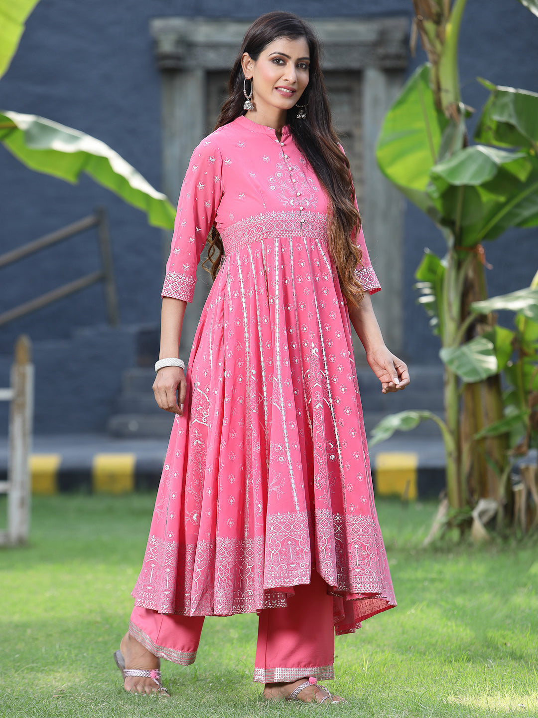 Juniper Womens Coral Georgette Foil Printed Circular Kurta Dress With Solid Palazzo Set | Grocsy