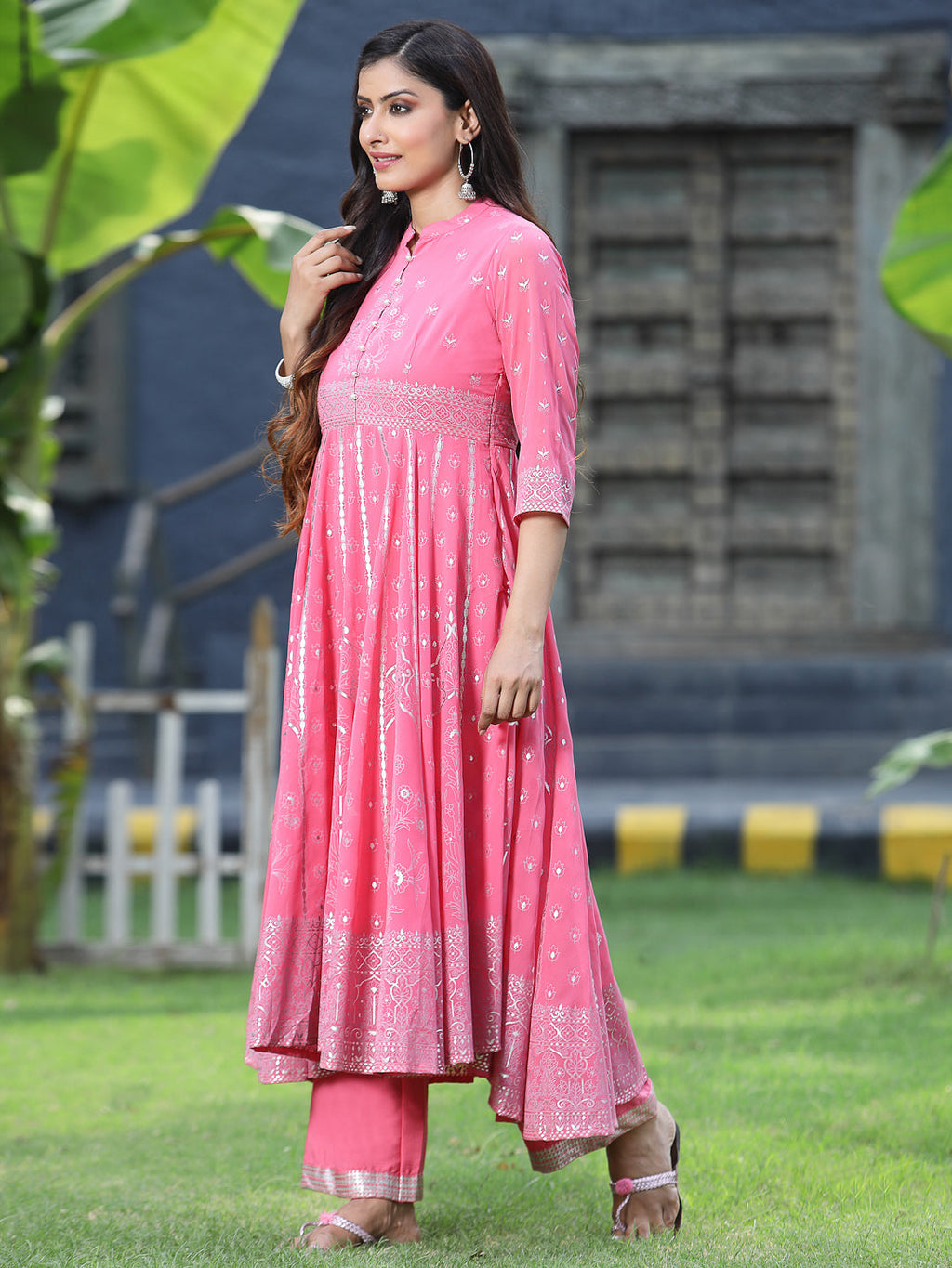Juniper Womens Coral Georgette Foil Printed Circular Kurta Dress With Solid Palazzo Set | Grocsy
