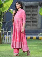 Juniper Women's Coral Georgette Printed Anarkali Kurta Sets | Grocsy