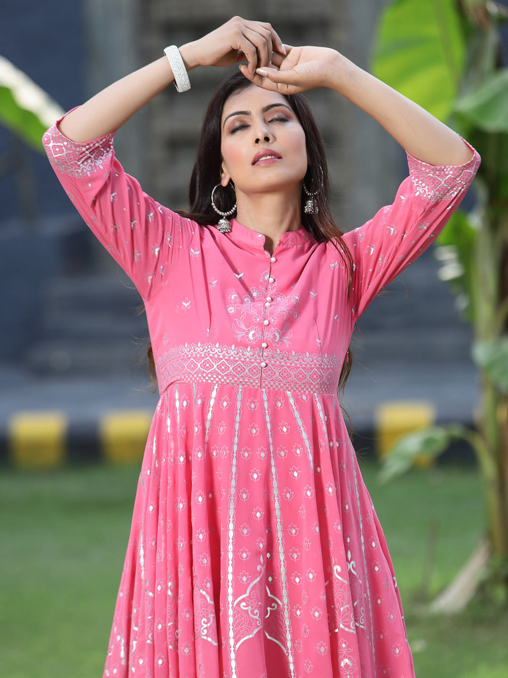 Juniper Womens Coral Georgette Foil Printed Circular Kurta Dress With Solid Palazzo Set | Grocsy