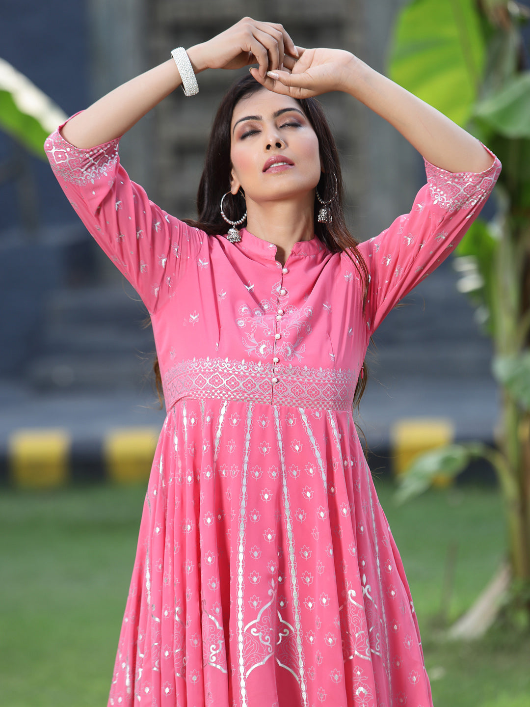 Juniper Womens Coral Georgette Foil Printed Circular Kurta Dress With Solid Palazzo Set | Grocsy